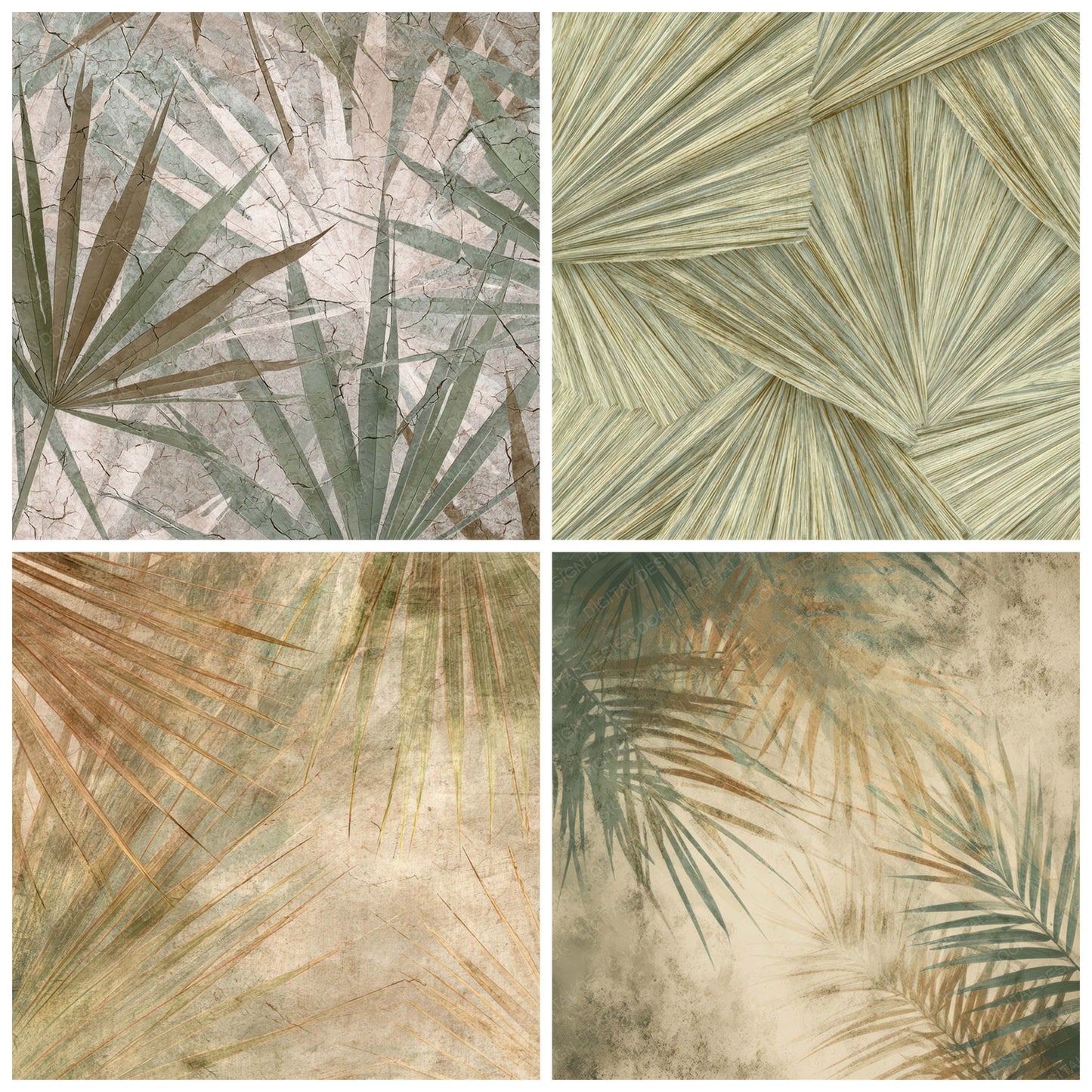 Preview layout showing Frayed Palm Leaf Texture papers arranged as background pages for junk journals and mixed media crafts