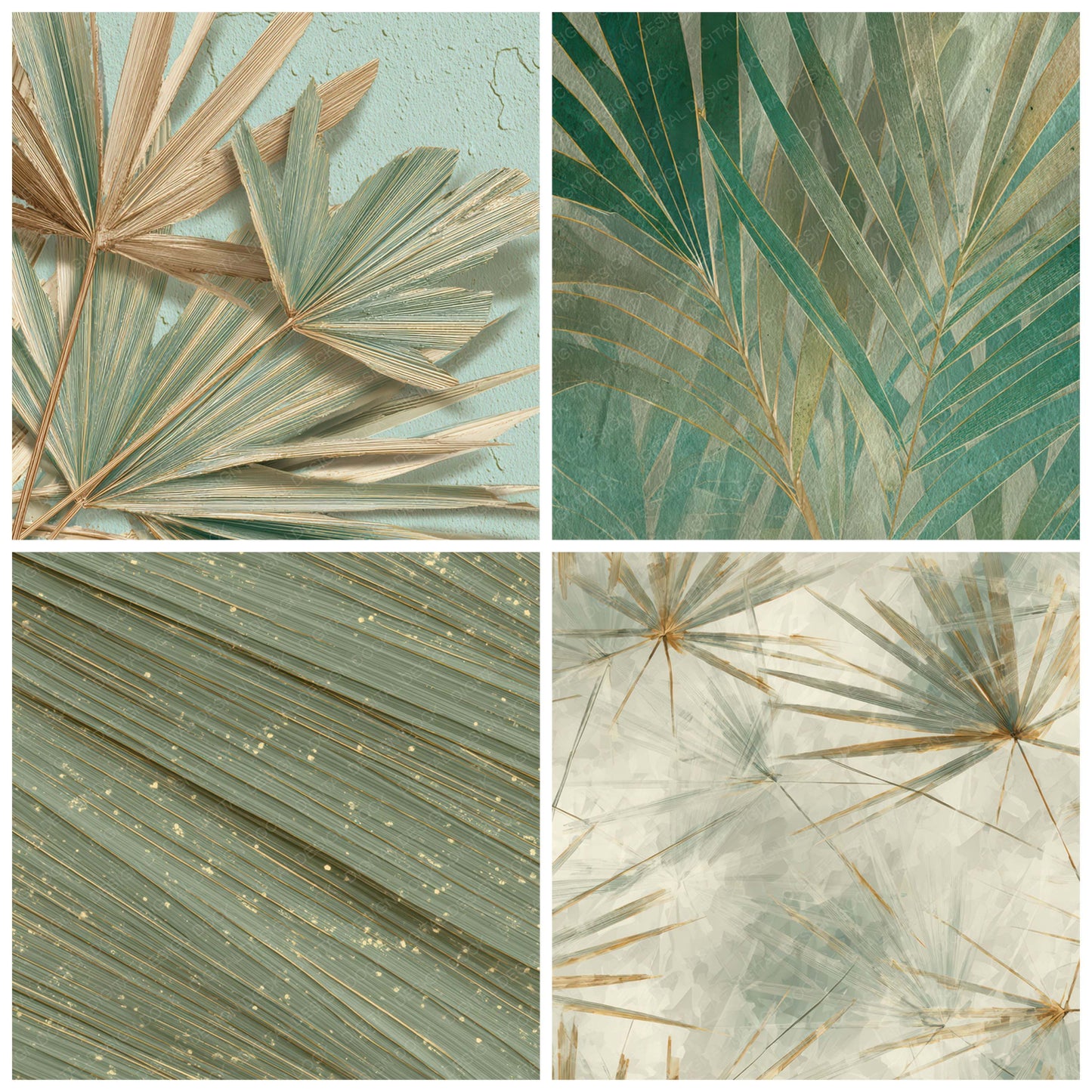 Close view of Frayed Palm Leaf Texture background papers highlighting collage composition and cohesive colour tones