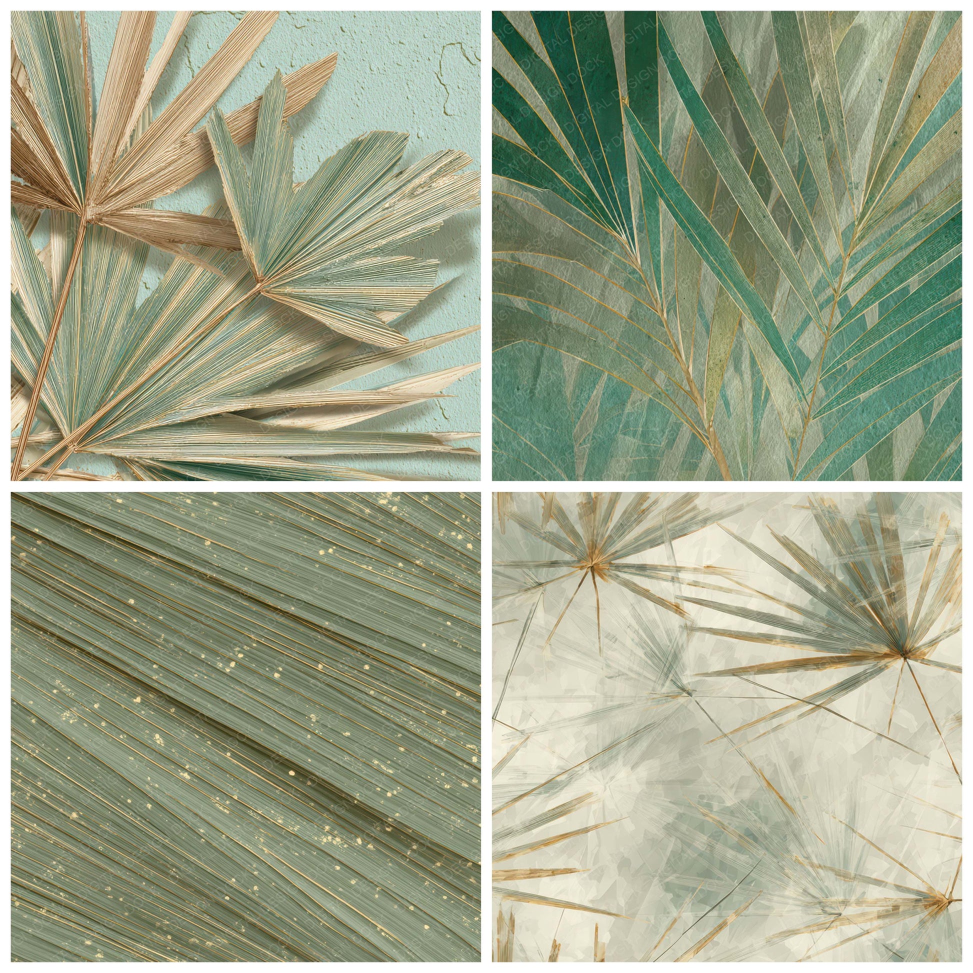 Close view of Frayed Palm Leaf Texture background papers highlighting collage composition and cohesive colour tones