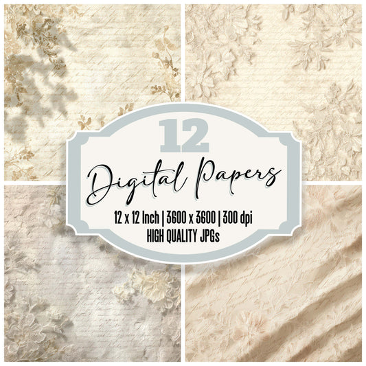 Lace Shadow Floral Pattern digital paper pack designed for background pages in junk journaling and paper craft projects