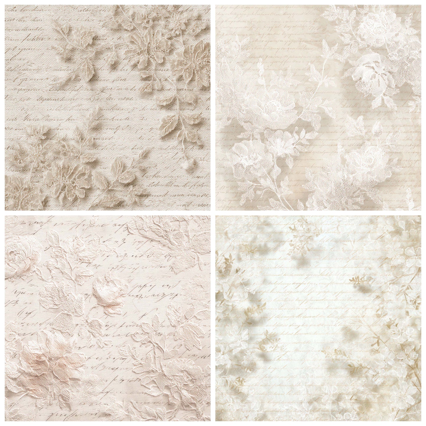Preview layout showing Lace Shadow Floral Pattern papers arranged as background pages for junk journals and mixed media crafts