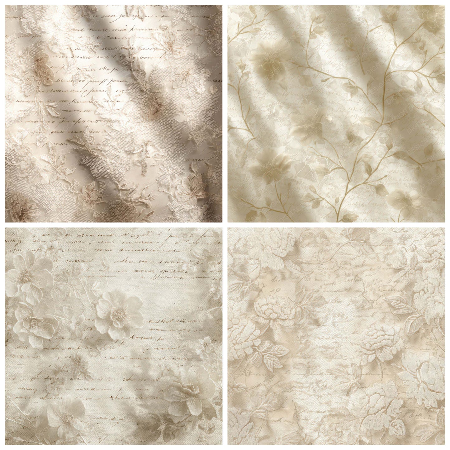 Close view of Lace Shadow Floral Pattern background papers highlighting collage composition and cohesive colour tones
