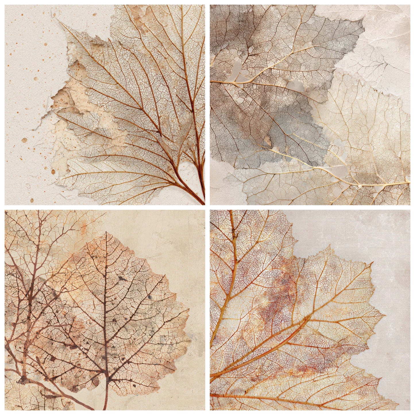 Close view of Leaf Skeleton Vein Texture background papers highlighting collage composition and cohesive colour tones