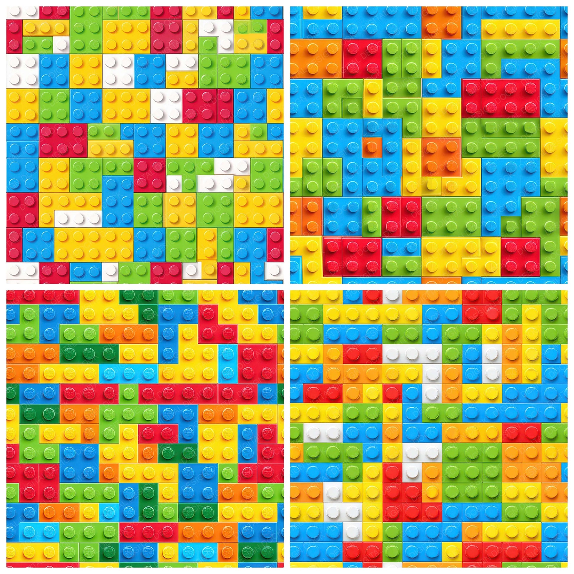 Preview layout showing Seamless Lego Brick Wall papers arranged as background pages for junk journals and mixed media crafts