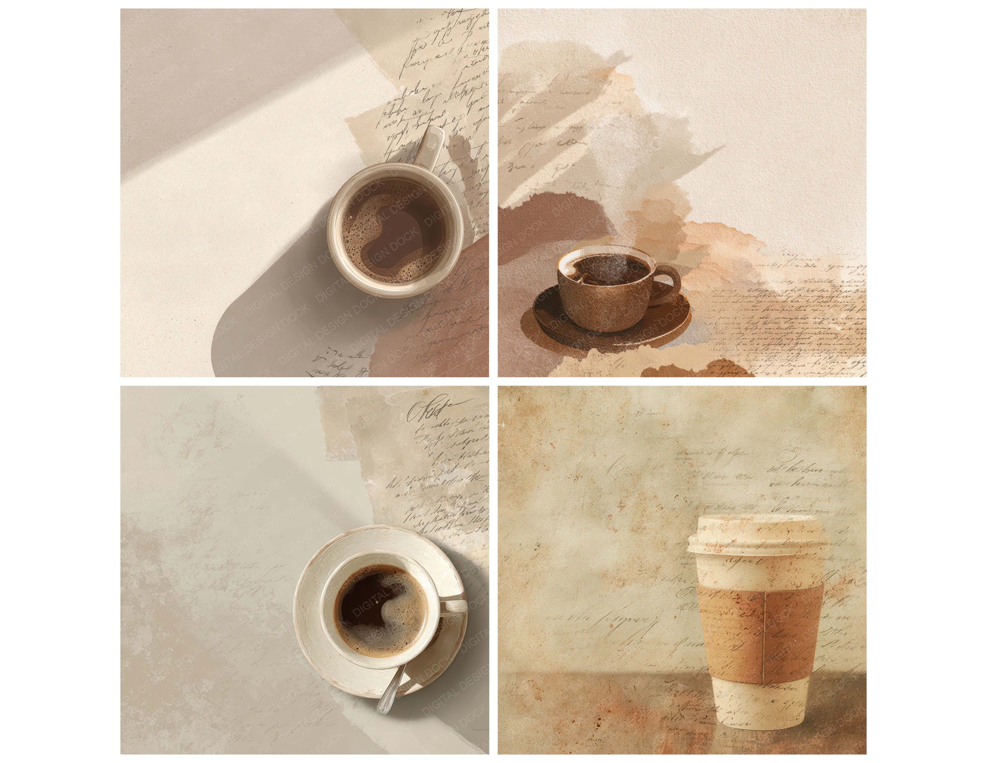 Preview layout showing Vintage Coffee Texture papers arranged as background pages for junk journals and mixed media crafts