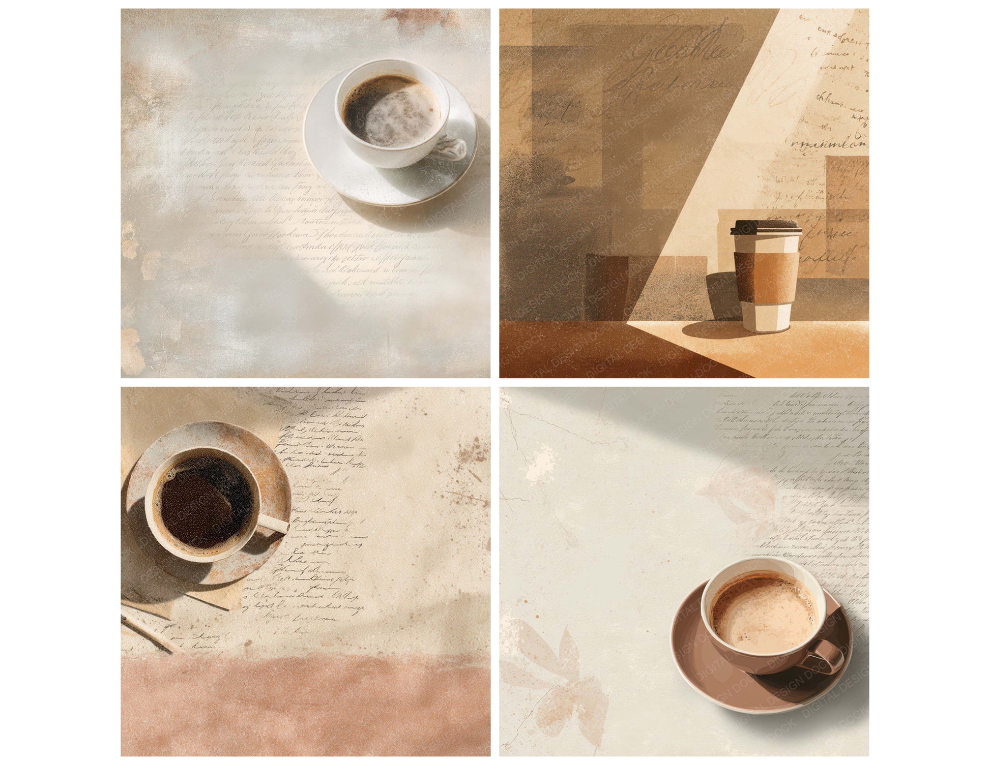 Close view of Vintage Coffee Texture background papers highlighting collage composition and cohesive colour tones