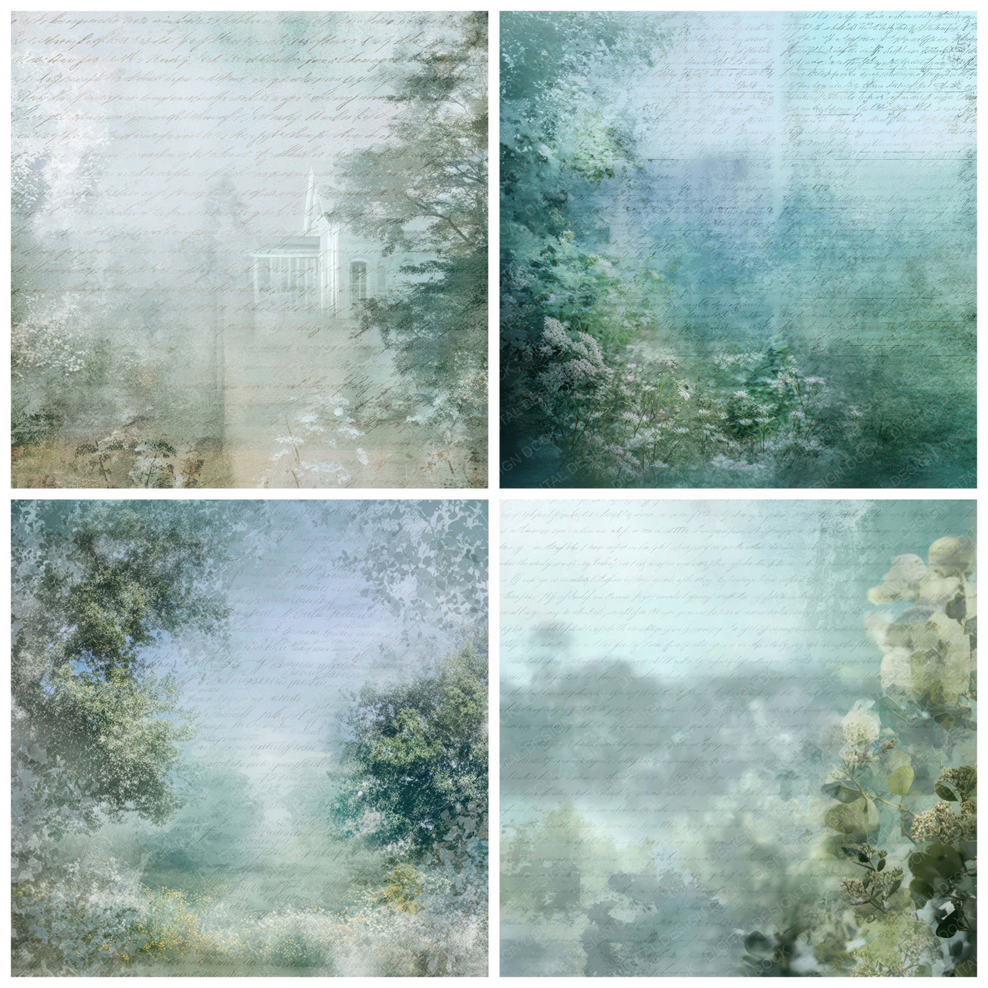 Preview layout showing Vintage Glass Reflection Garden papers arranged as background pages for junk journals and mixed media crafts