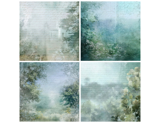 Preview layout showing Vintage Glass Reflection Garden papers arranged as background pages for junk journals and mixed media crafts