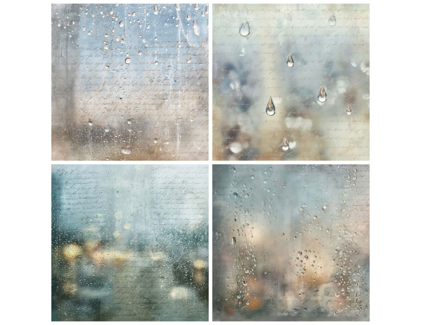 Preview layout showing Vintage Rain Glass Texture papers arranged as background pages for junk journals and mixed media crafts