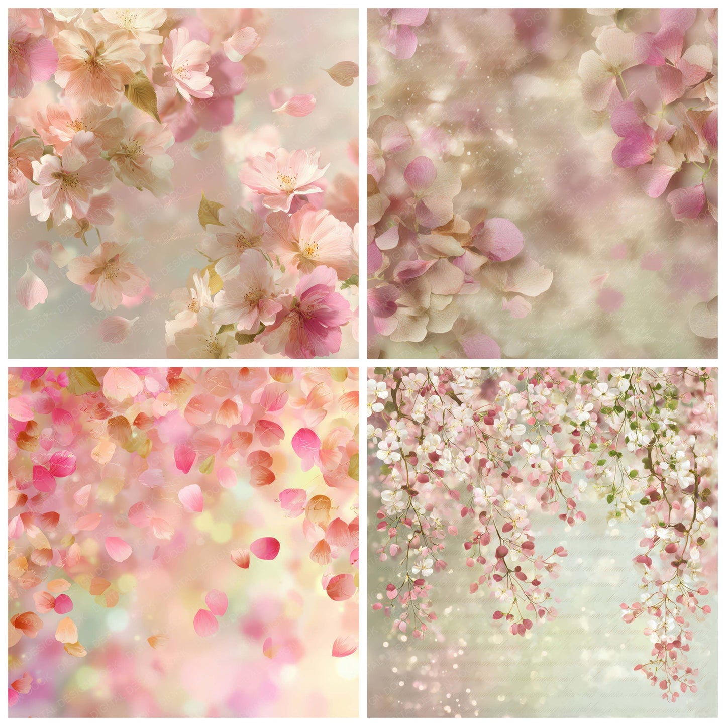 Preview layout showing Vintage Spring Blossom Petals papers arranged as background pages for junk journals and mixed media crafts