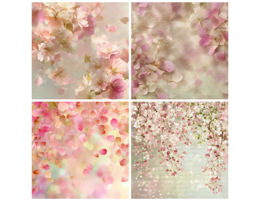 Preview layout showing Vintage Spring Blossom Petals papers arranged as background pages for junk journals and mixed media crafts