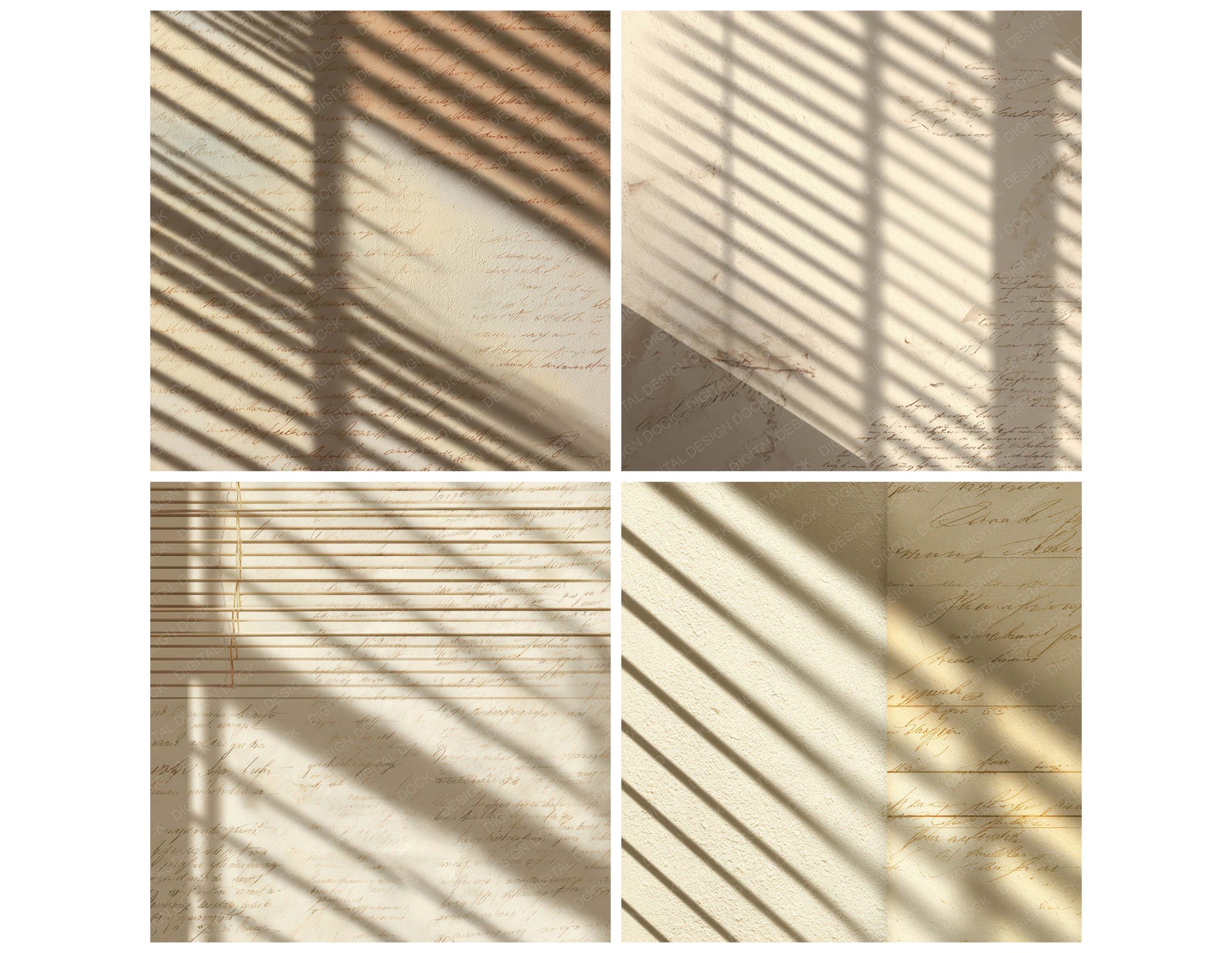 Preview layout showing Vintage Window Blind Light papers arranged as background pages for junk journals and mixed media crafts