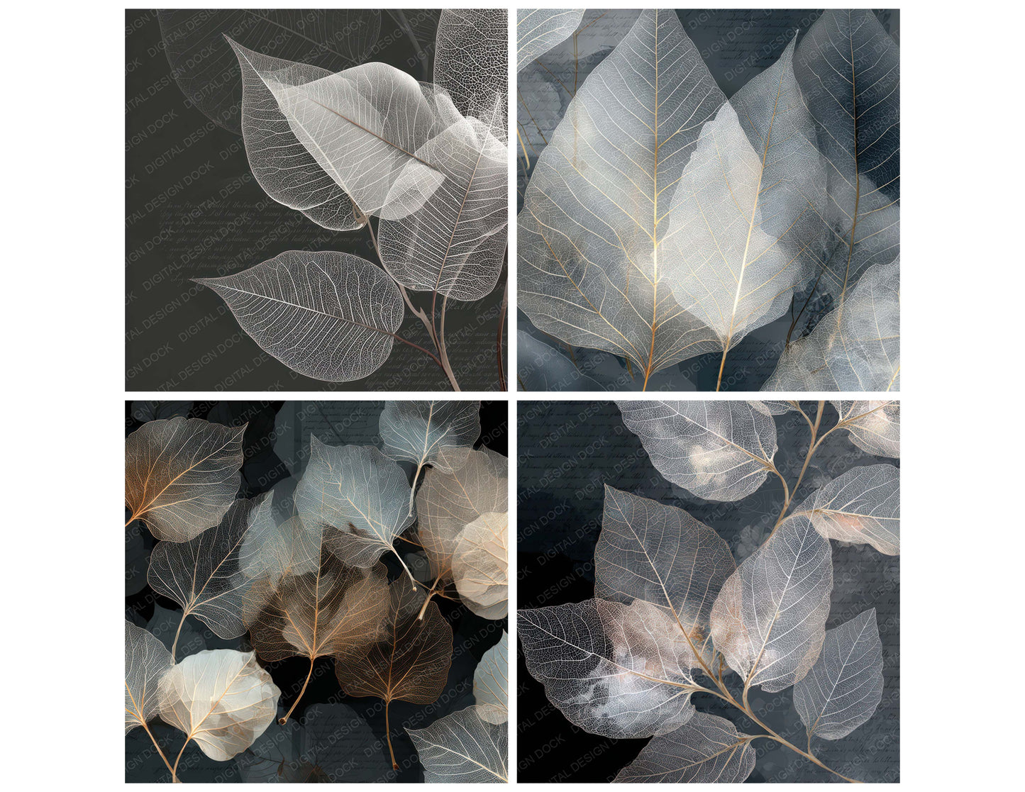 Preview layout showing Xray Leaf Vein Structure papers arranged as background pages for junk journals and mixed media crafts