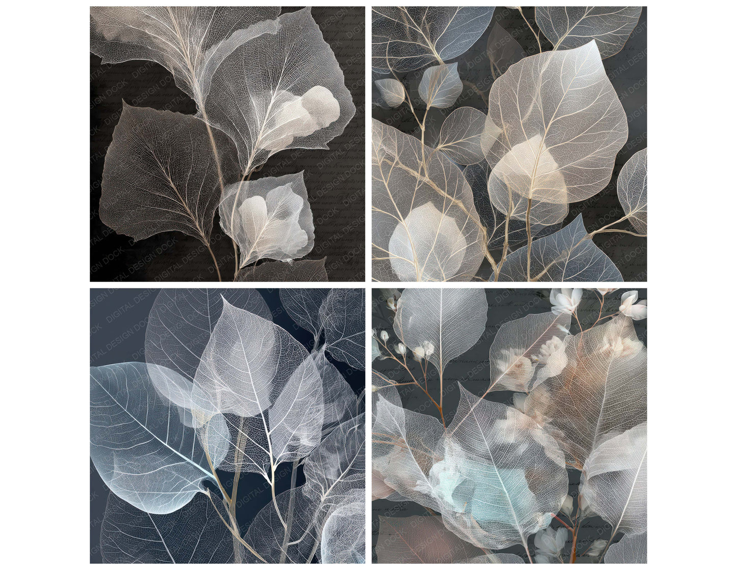 Close view of Xray Leaf Vein Structure background papers highlighting collage composition and cohesive colour tones