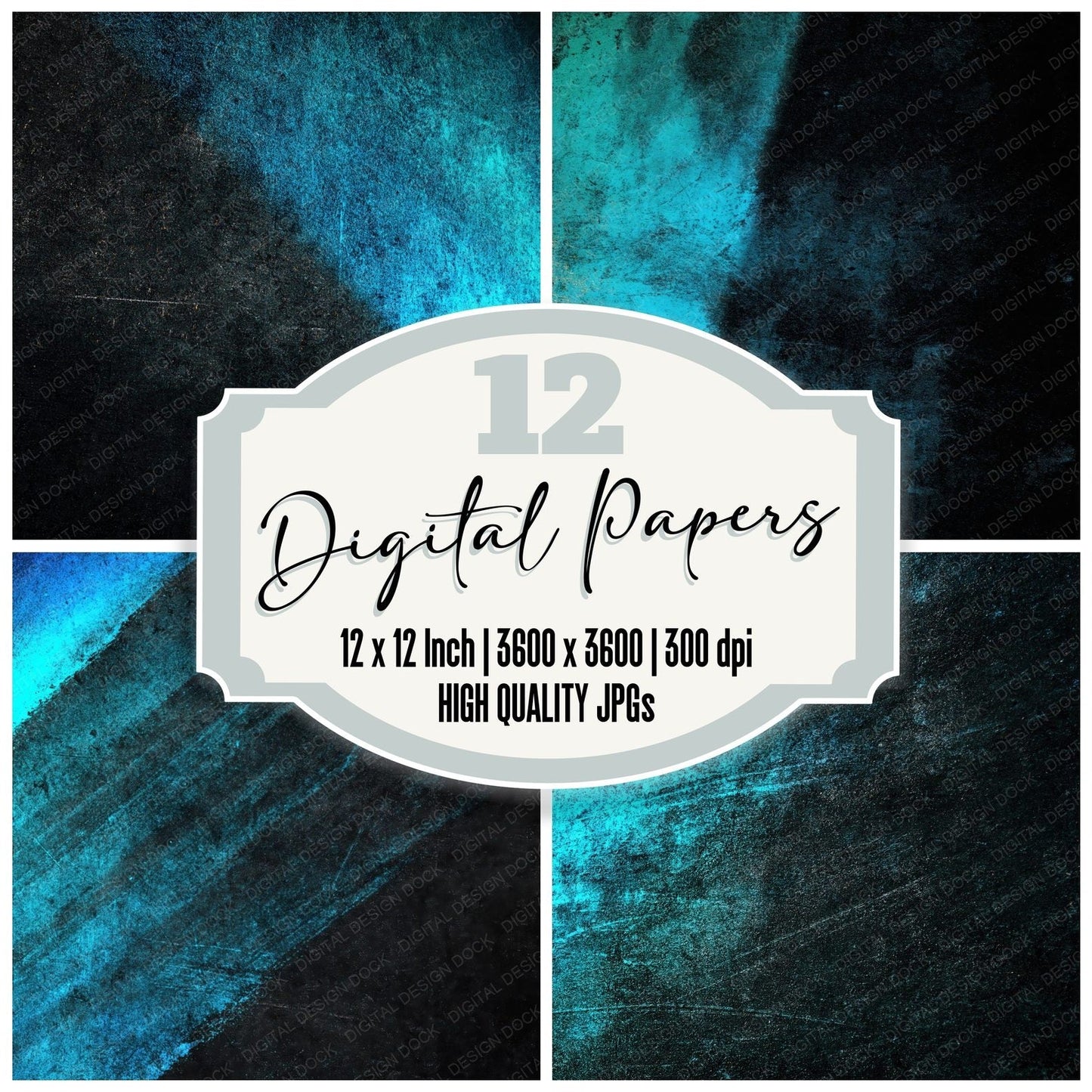 Grunge Neon Cyan Black Digital Paper Pack (DDD012417)