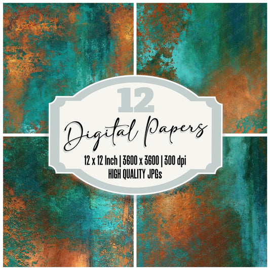 Metallic Copper Verdigris Turquoise Digital Paper Pack (DDD012460)