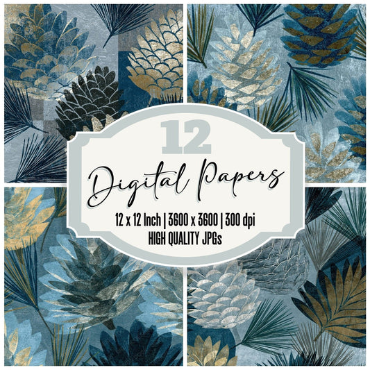 Pinecone Blue Etched Woodblock Print Digital Paper Pack (DDD012506)