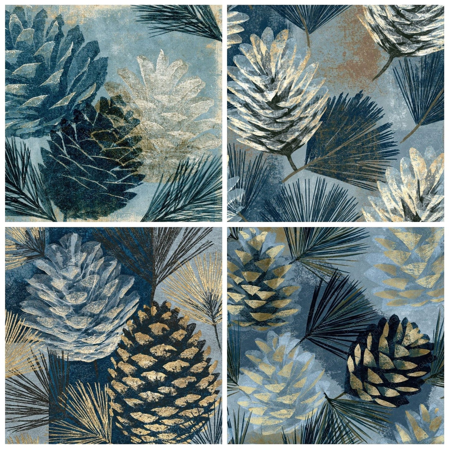 Pinecone Blue Etched Woodblock Print Digital Paper Pack (DDD012506)