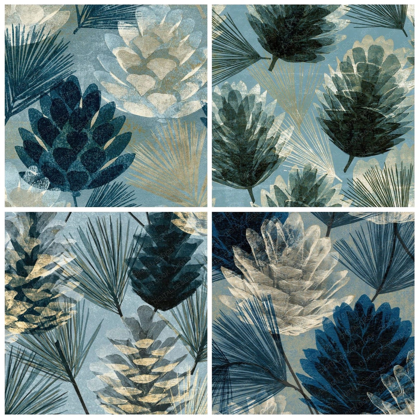 Pinecone Blue Etched Woodblock Print Digital Paper Pack (DDD012506)