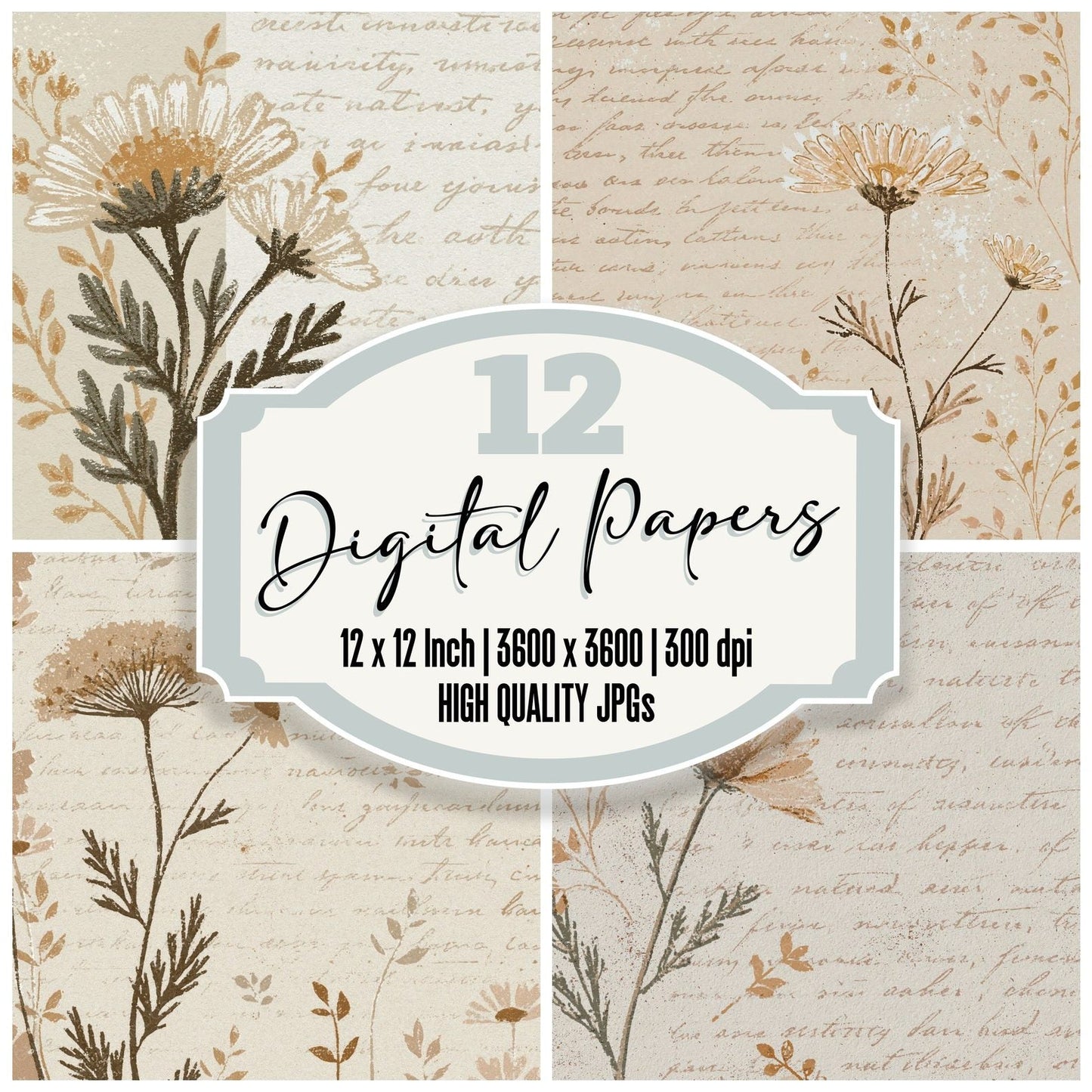Woodblock Chamomile Script Bone Taupe Digital Paper Pack (DDD012507)