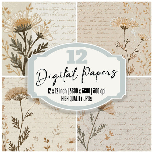 Woodblock Chamomile Script Bone Taupe Digital Paper Pack (DDD012507)