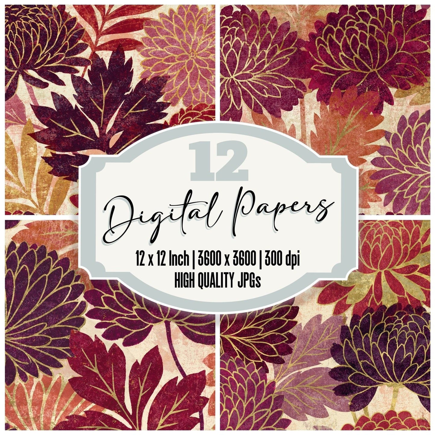 Woodblock Chrysanthemum Oxblood Brass Digital Paper Pack (DDD012508)