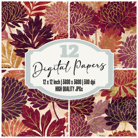 Woodblock Chrysanthemum Oxblood Brass Digital Paper Pack (DDD012508)