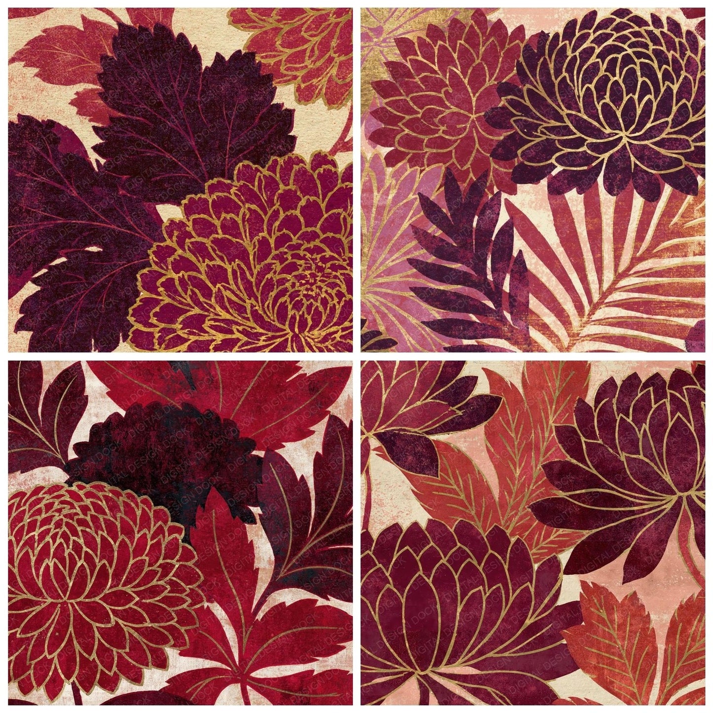 Woodblock Chrysanthemum Oxblood Brass Digital Paper Pack (DDD012508)