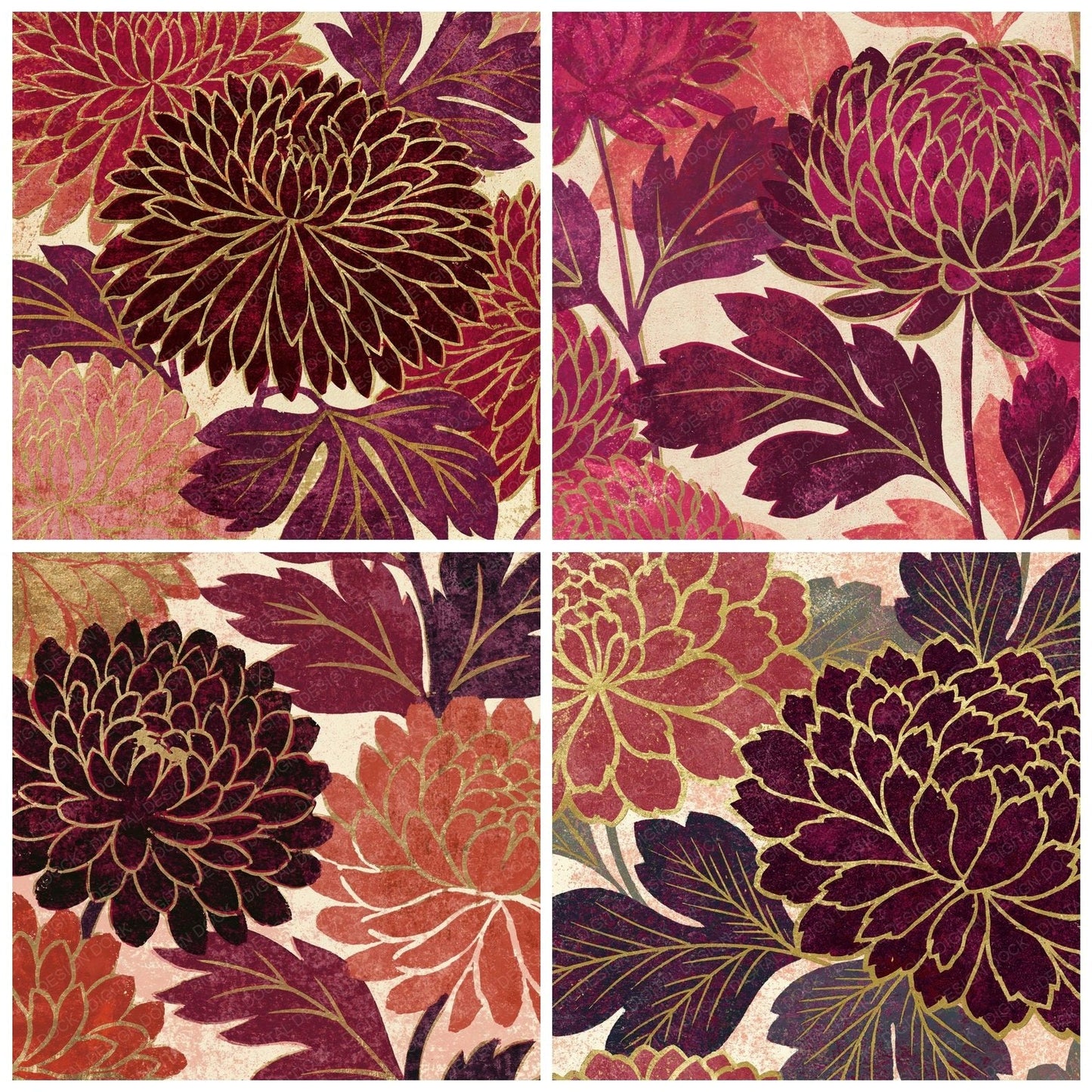 Woodblock Chrysanthemum Oxblood Brass Digital Paper Pack (DDD012508)