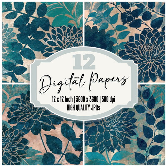 Woodblock Dahlia Eucalyptus Teal Silver Digital Paper Pack (DDD012509)