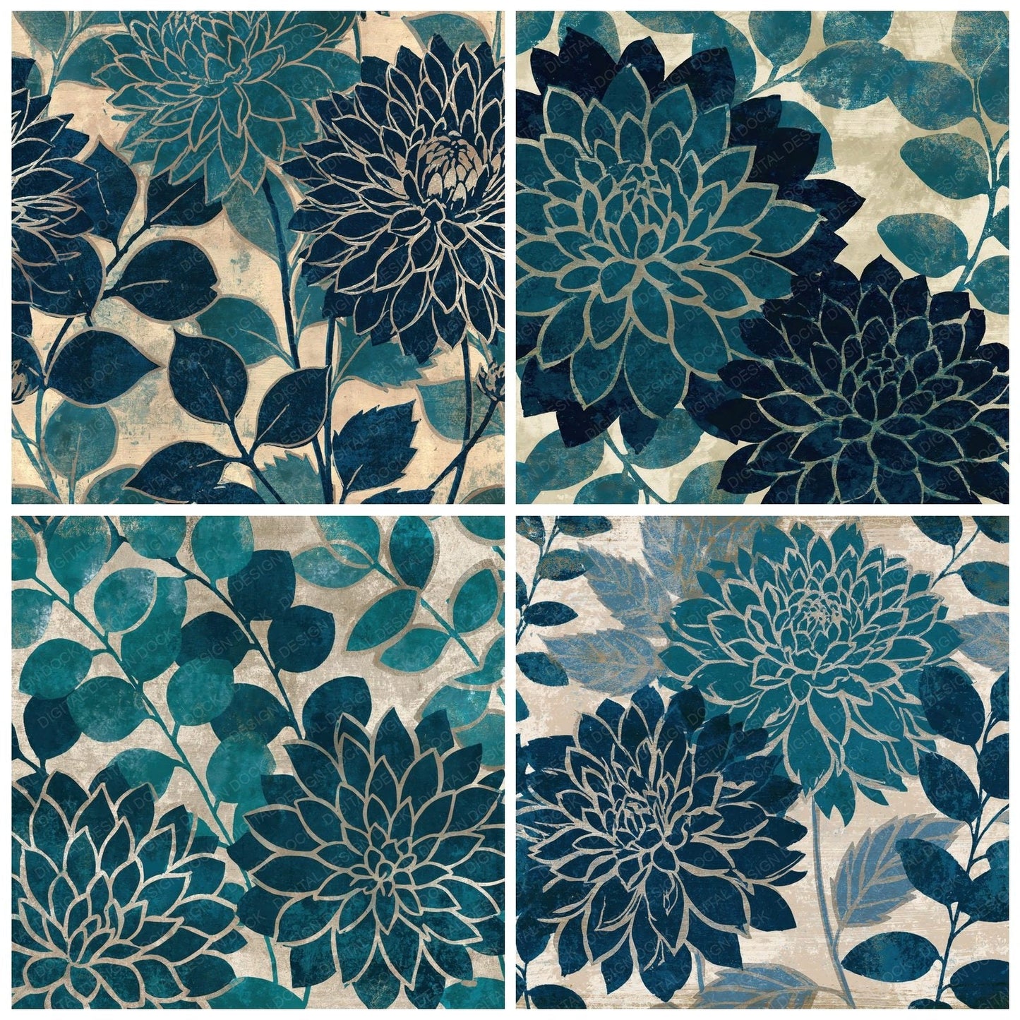 Woodblock Dahlia Eucalyptus Teal Silver Digital Paper Pack (DDD012509)