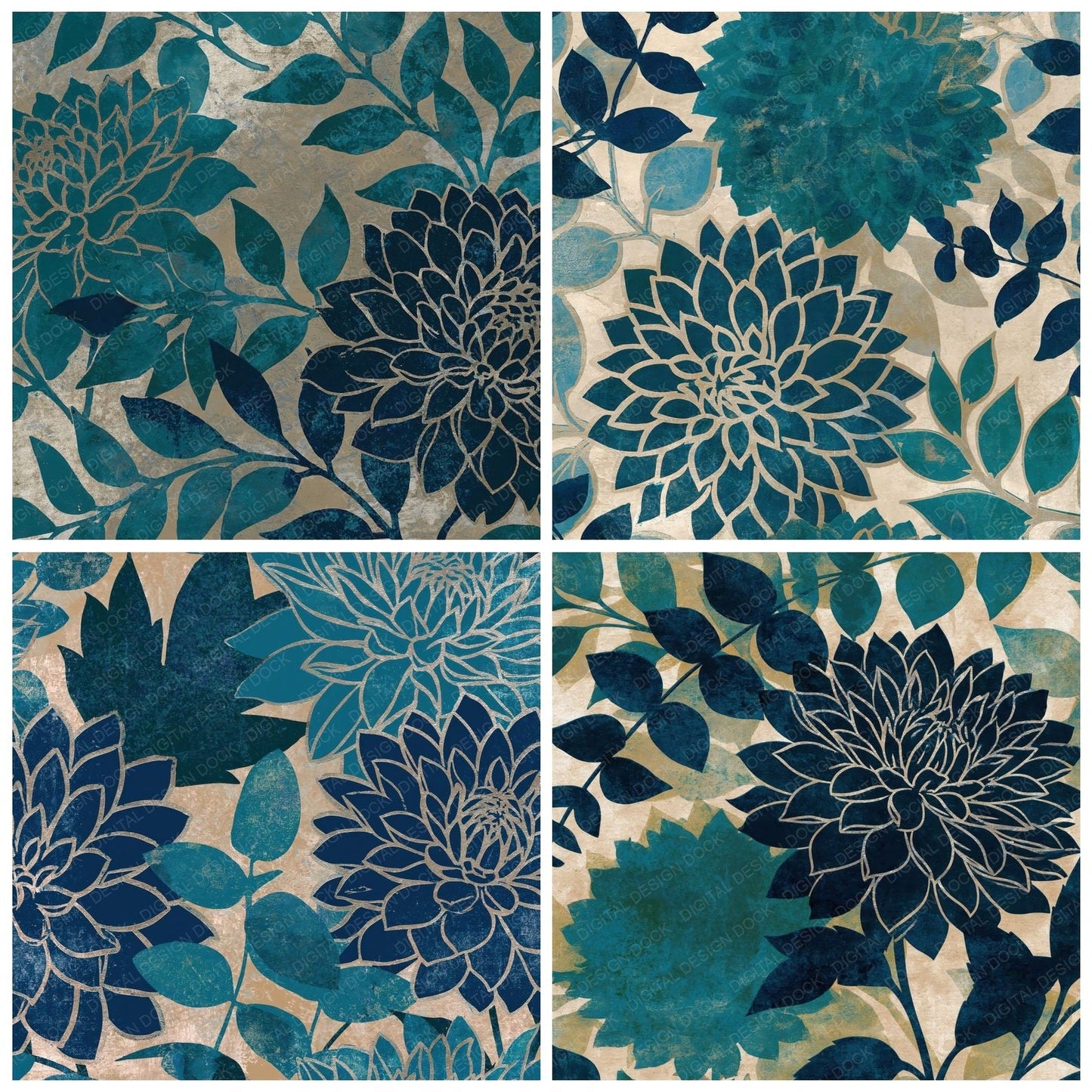 Woodblock Dahlia Eucalyptus Teal Silver Digital Paper Pack (DDD012509)