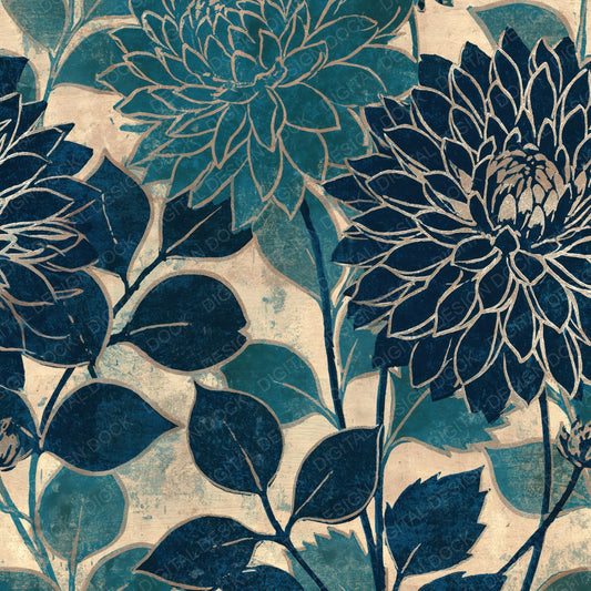 Woodblock Dahlia Eucalyptus Teal Silver Digital Paper Pack (DDD012509)