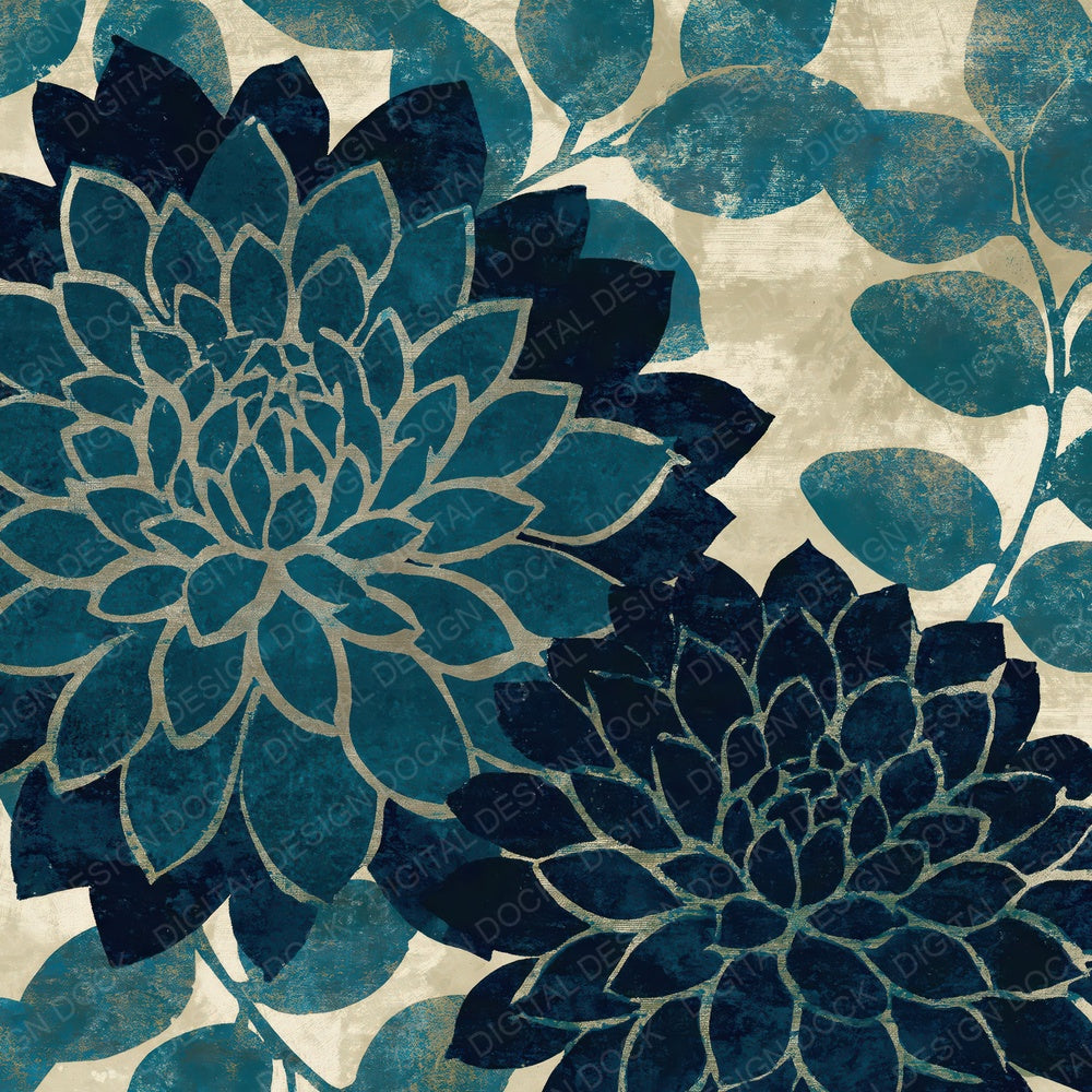 Woodblock Dahlia Eucalyptus Teal Silver Digital Paper Pack (DDD012509)