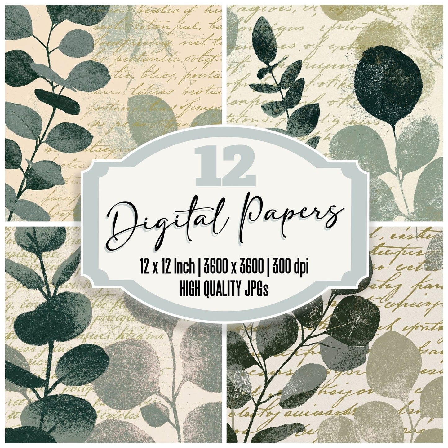 Woodblock Eucalyptus Script Sage Buttermilk Digital Paper Pack (DDD012510)