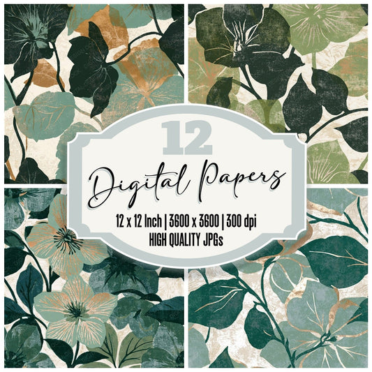Woodblock Hellebore Vine Sage Pewter Seamless Digital Paper Pack (DDD012512)