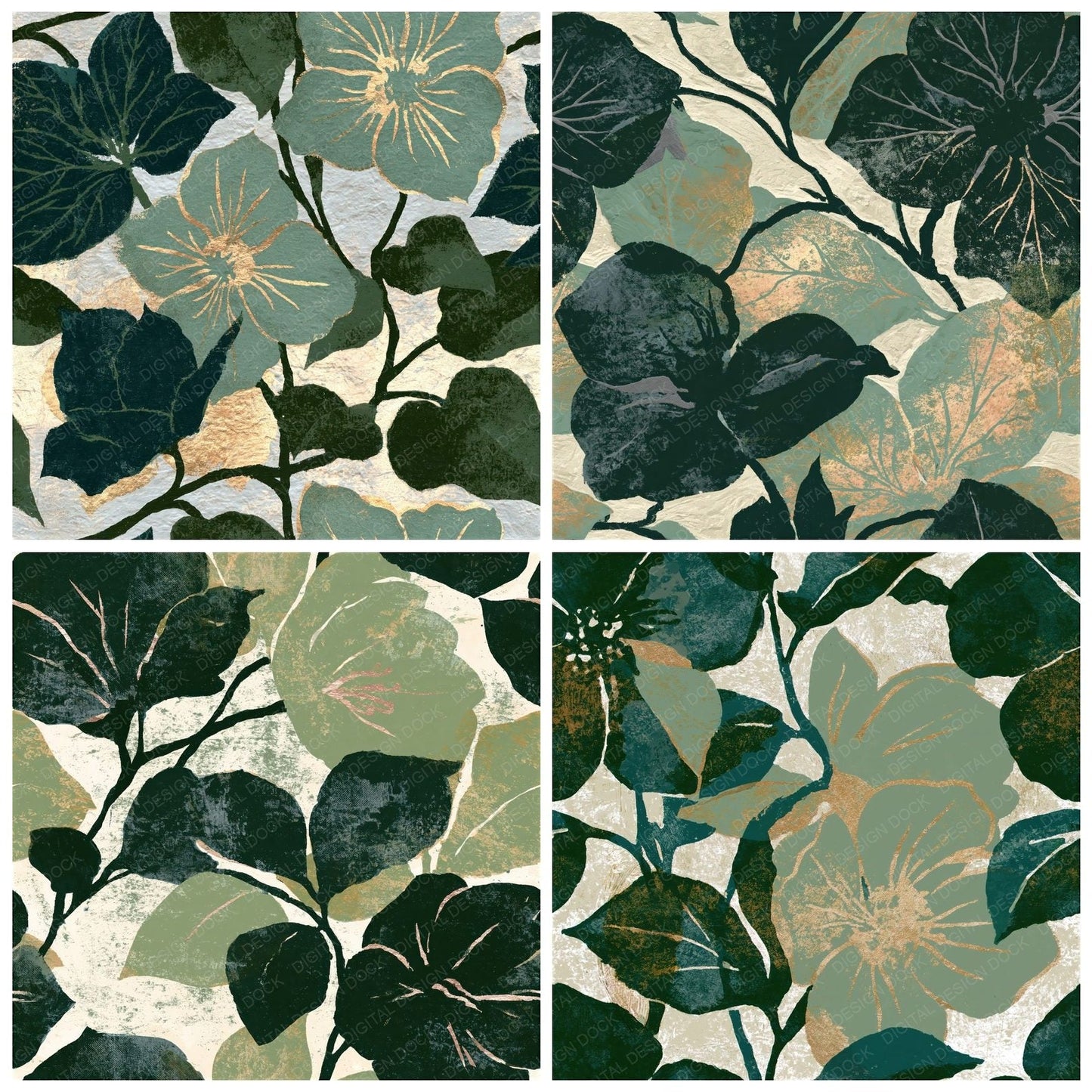 Woodblock Hellebore Vine Sage Pewter Seamless Digital Paper Pack (DDD012512)