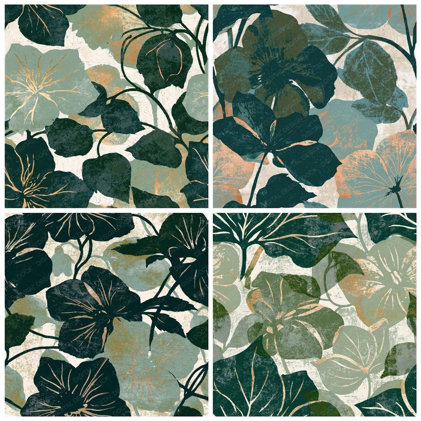 Woodblock Hellebore Vine Sage Pewter Seamless Digital Paper Pack (DDD012512)