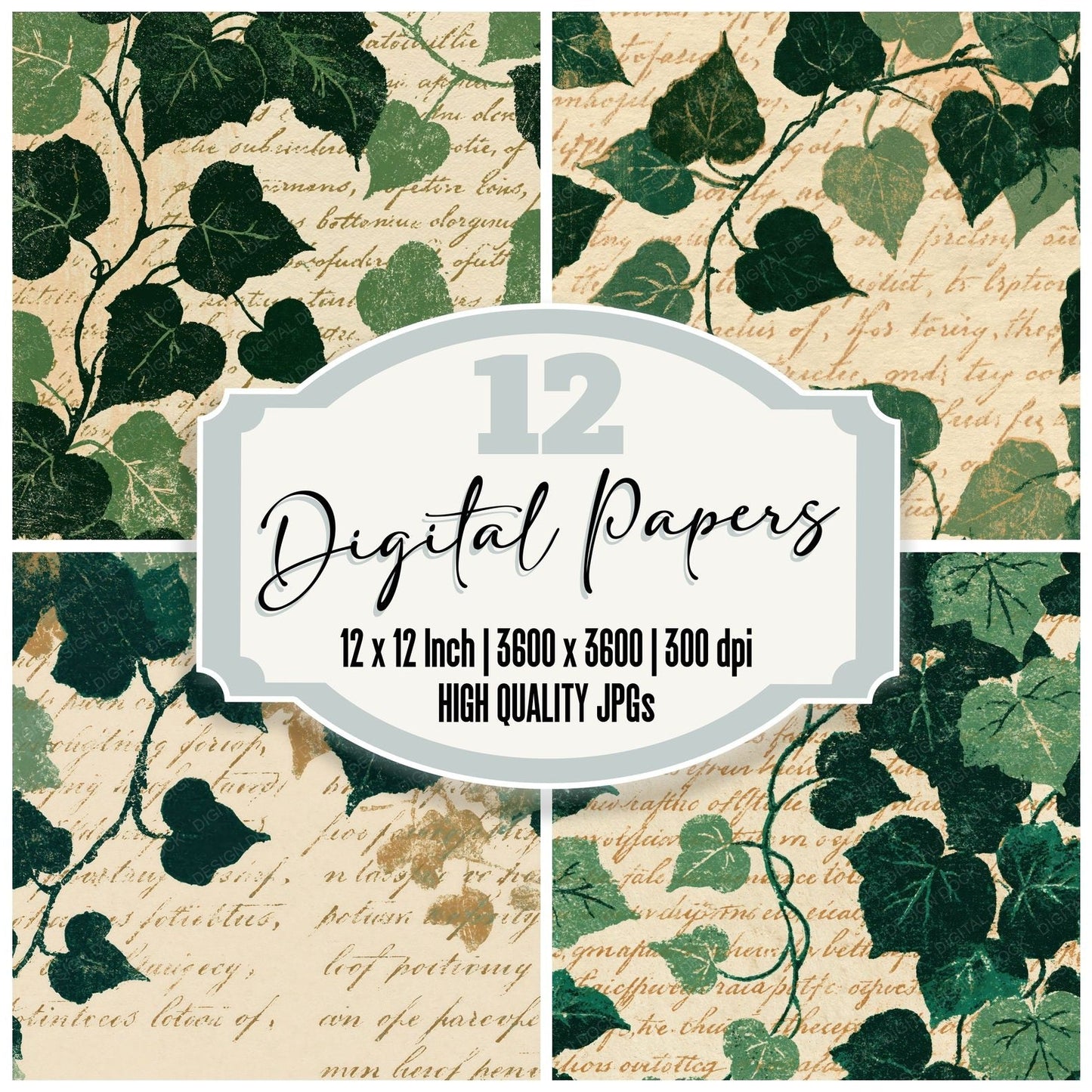 Woodblock Ivy Script Forest Moss Digital Paper Pack (DDD012513)