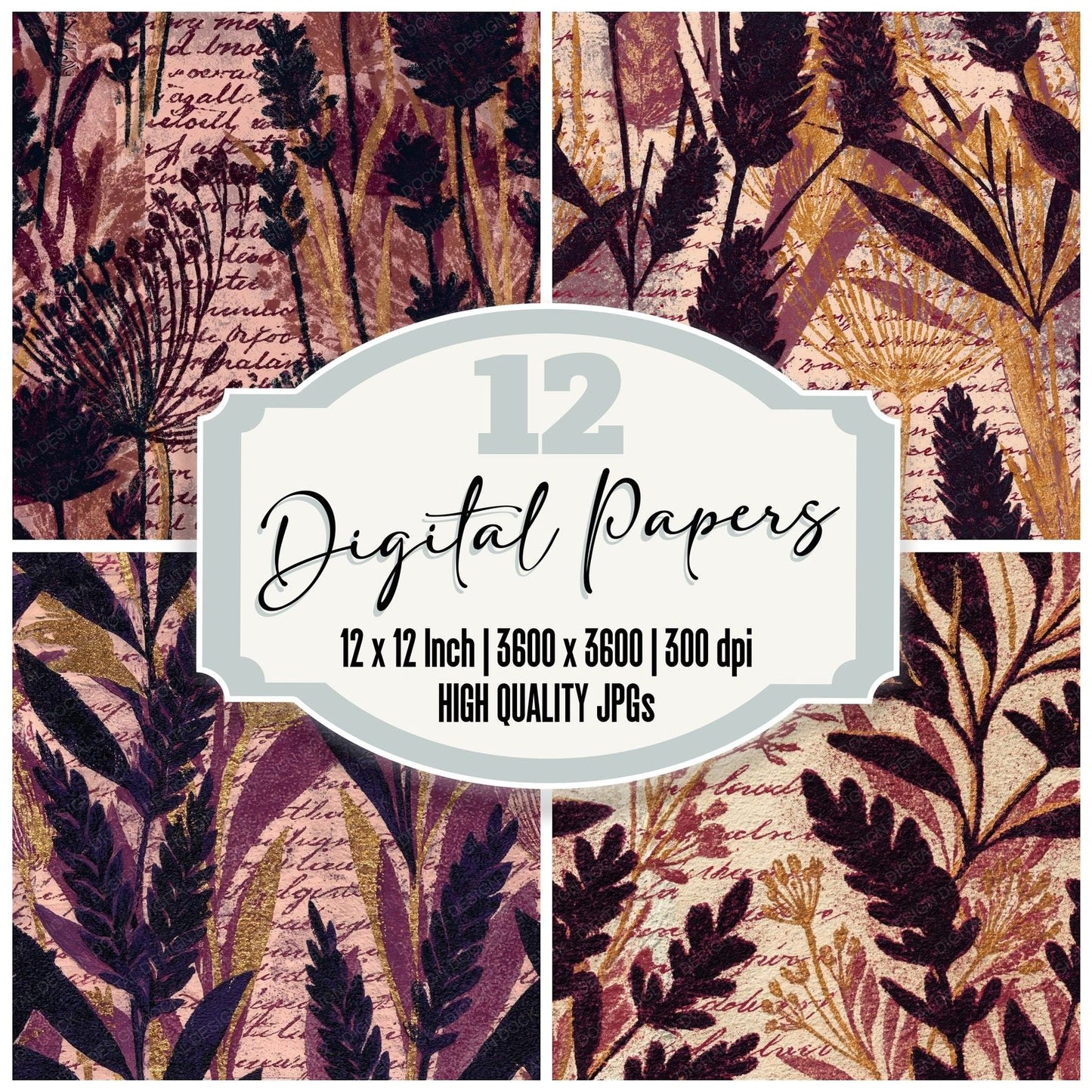 Woodblock Lavender Script Aubergine Gold Seamless Digital Paper Pack (DDD012514)