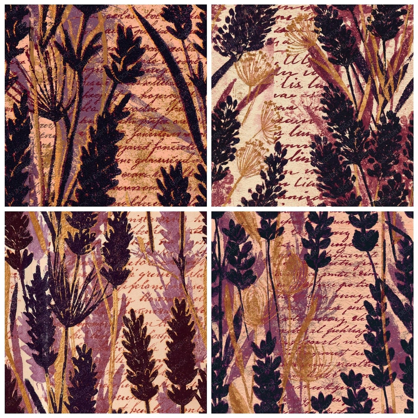 Woodblock Lavender Script Aubergine Gold Seamless Digital Paper Pack (DDD012514)