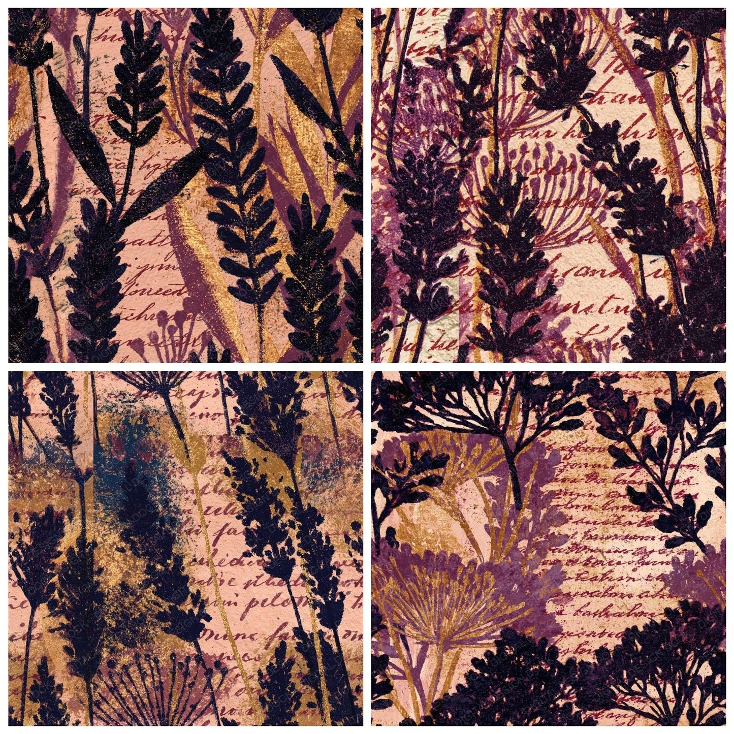Woodblock Lavender Script Aubergine Gold Seamless Digital Paper Pack (DDD012514)