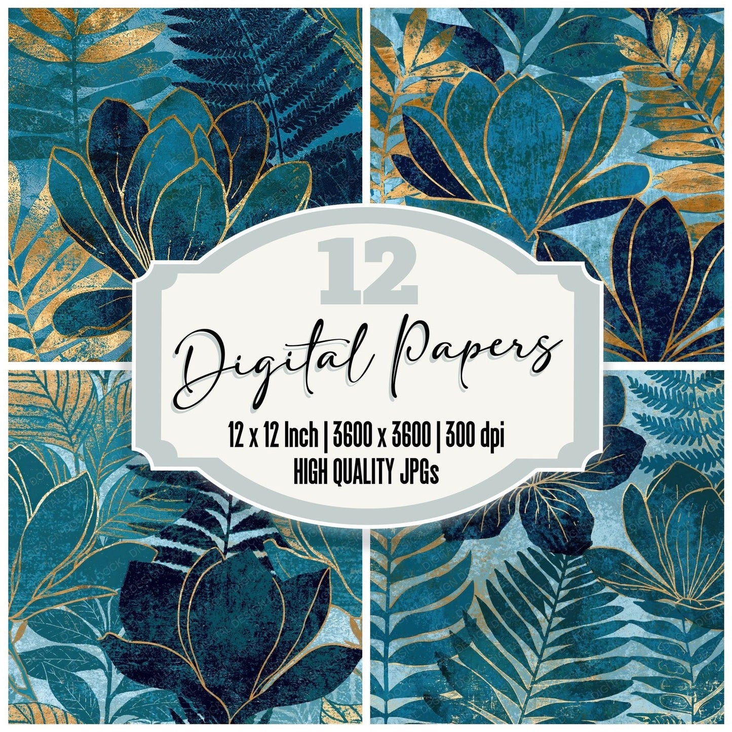 Woodblock Magnolia Fern Teal Gold Digital Paper Pack (DDD012515)