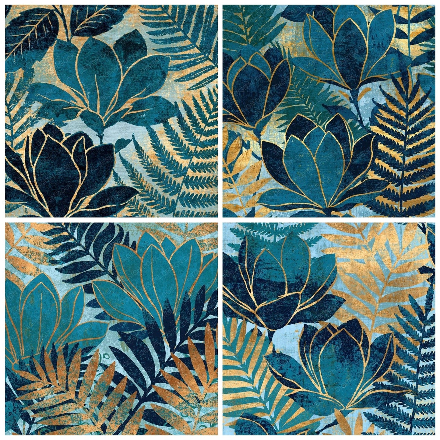 Woodblock Magnolia Fern Teal Gold Digital Paper Pack (DDD012515)