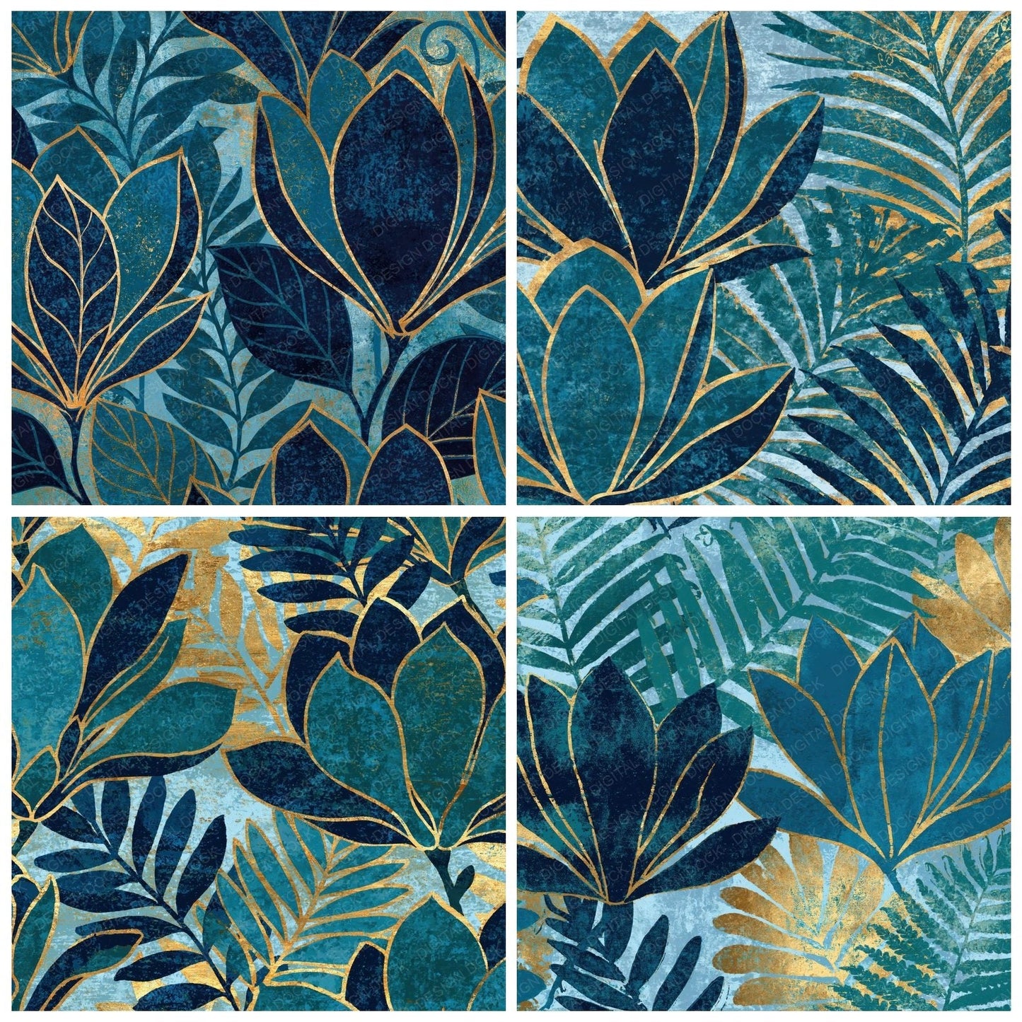 Woodblock Magnolia Fern Teal Gold Digital Paper Pack (DDD012515)
