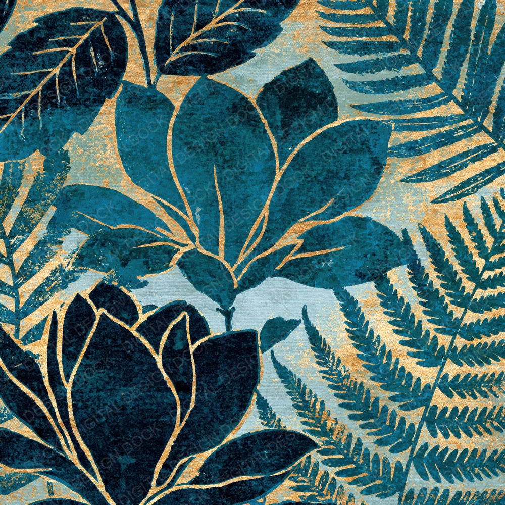 Woodblock Magnolia Fern Teal Gold Digital Paper Pack (DDD012515)