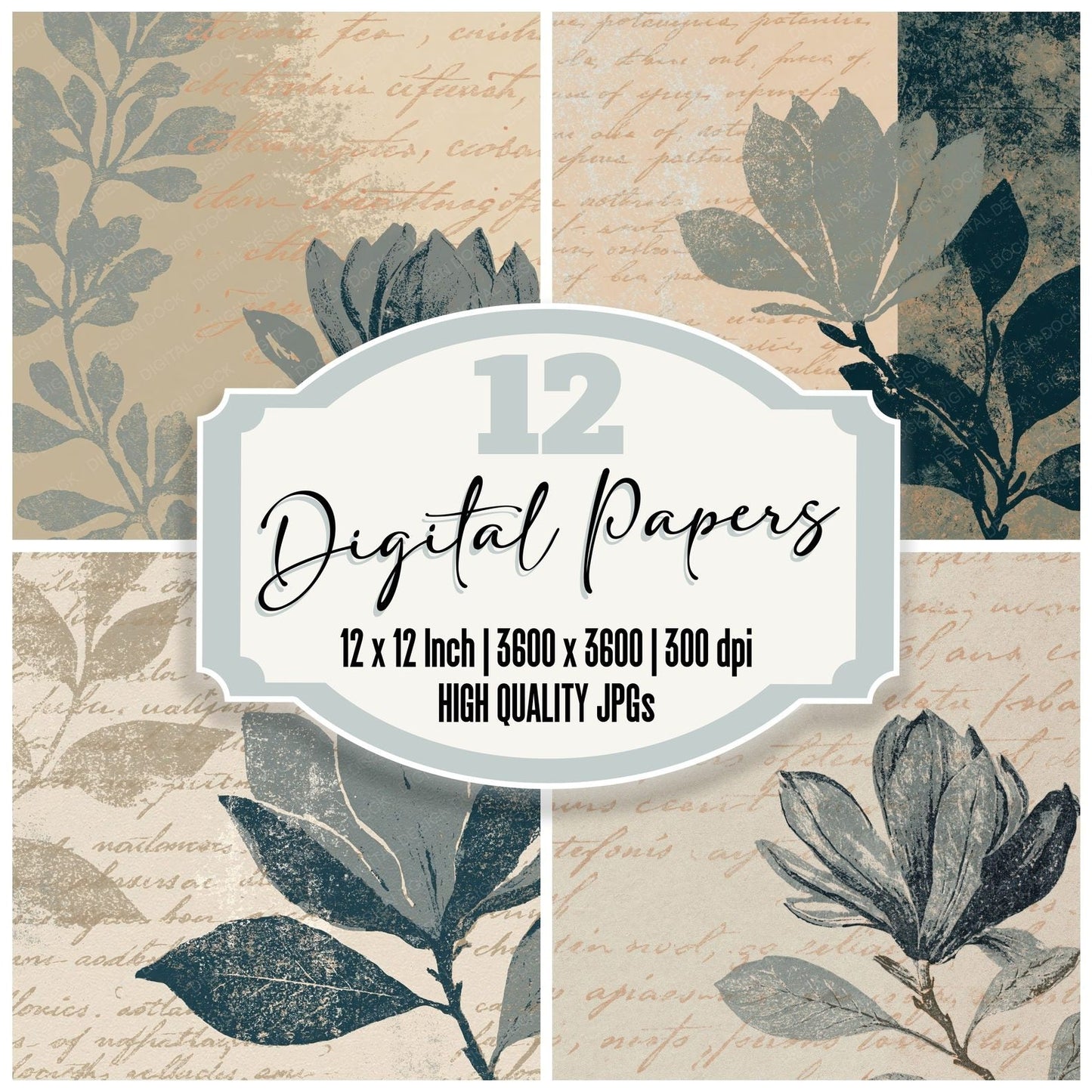Woodblock Magnolia Script Dove Pewter Digital Paper Pack (DDD012516)