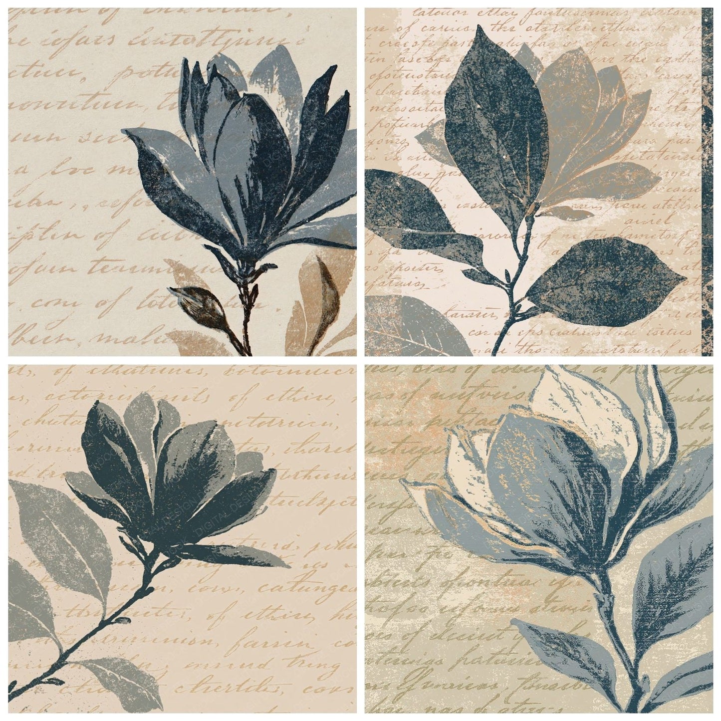 Woodblock Magnolia Script Dove Pewter Digital Paper Pack (DDD012516)