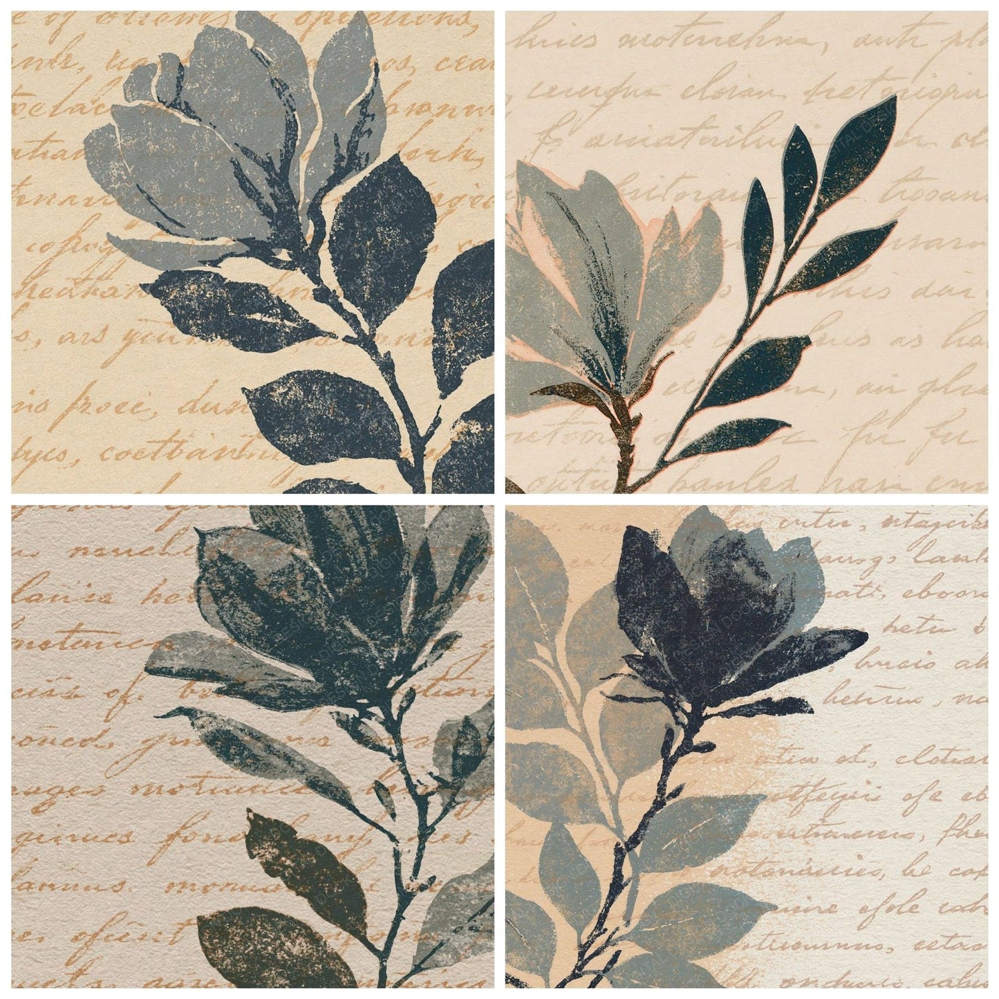 Woodblock Magnolia Script Dove Pewter Digital Paper Pack (DDD012516)