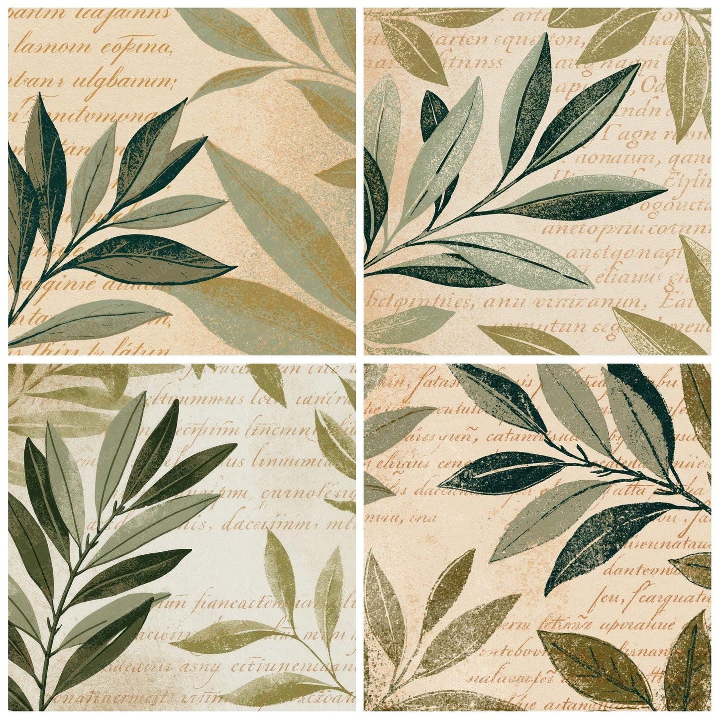 Woodblock Olive Script Sage Oatmeal Digital Paper Pack (DDD012517)
